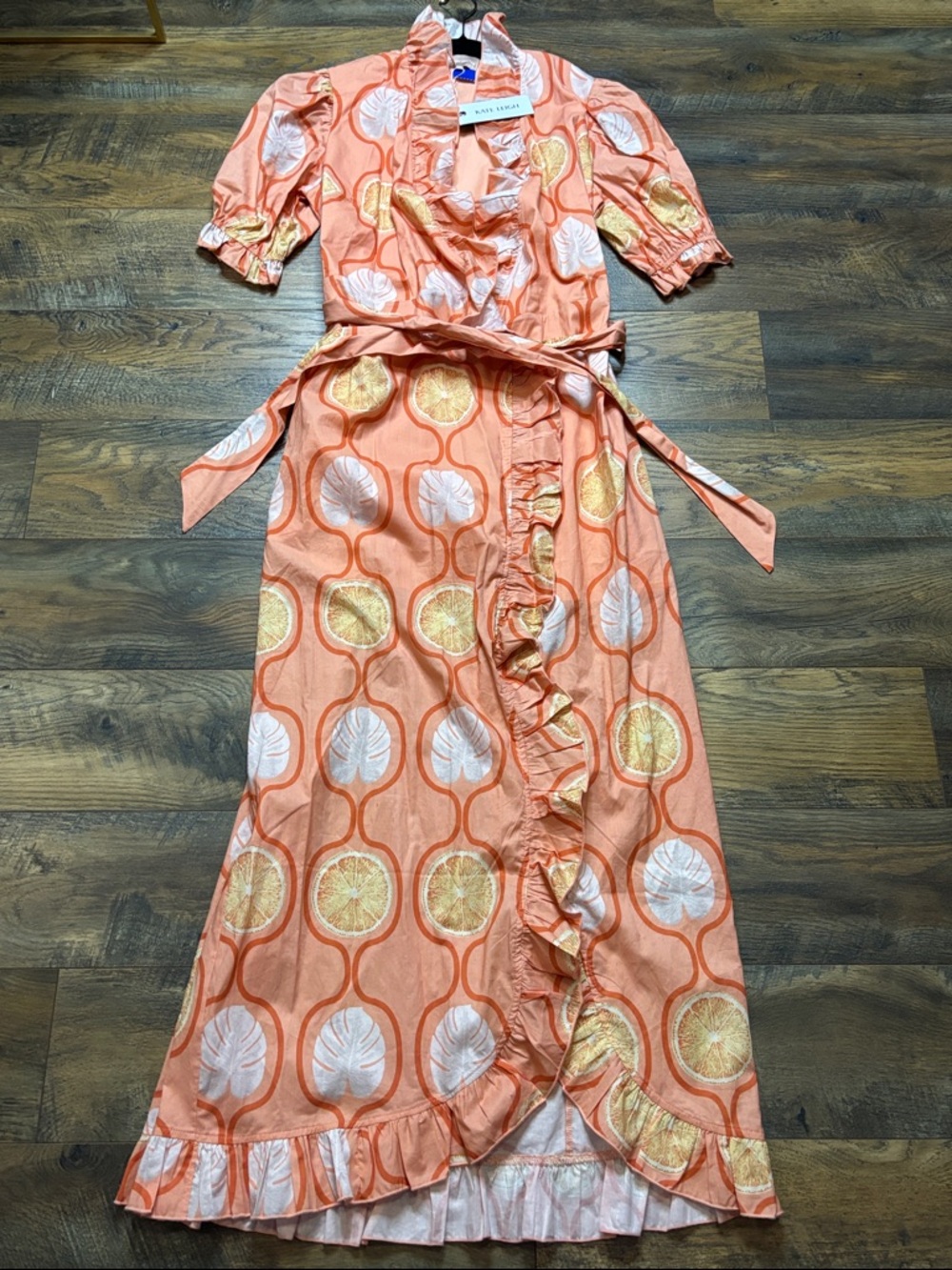 Coral Ruffle Wrap Maxi Dress with Citrus Motif